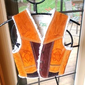 Genuine Leather Cowboy Western Suede Vest with Shearling Lining